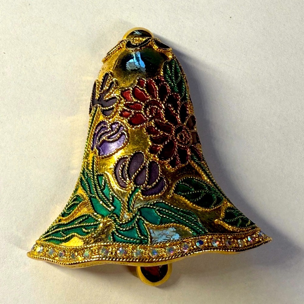 Gold Floral Cloisonné Bell Brooch Pin Multicolor